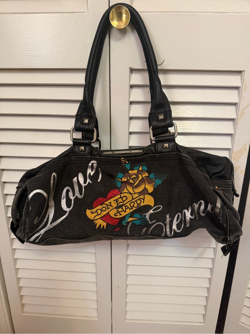 Ed Hardy Black Canvas Shoulder Bag with Multicolor Tattoo Graphic